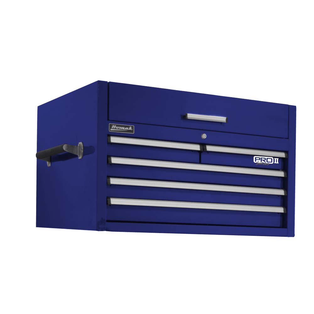 Blue Homak 36 Pro II Top Chest With Multiple Drawers, A Handle On The Side, And A Lockable Top Compartment