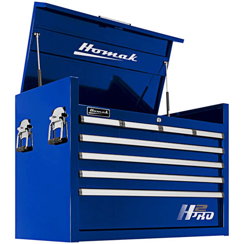 Blue Homak 36 Top Chest With Multiple Drawers And An Open Top Lid With Side Latches