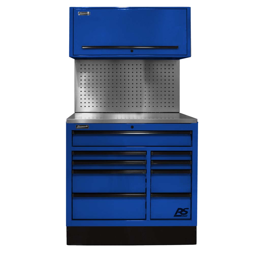 Blue Homak 41 CTS 9-Drawer And A Pegboard Backing, Topped With An Upper Storage Compartment