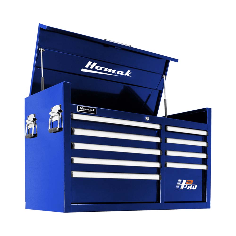 Blue Homak 41 H2Pro Top Chest With Multiple Drawers, An Open Top Compartment, And The H2Pro Logo On One Of The Drawers