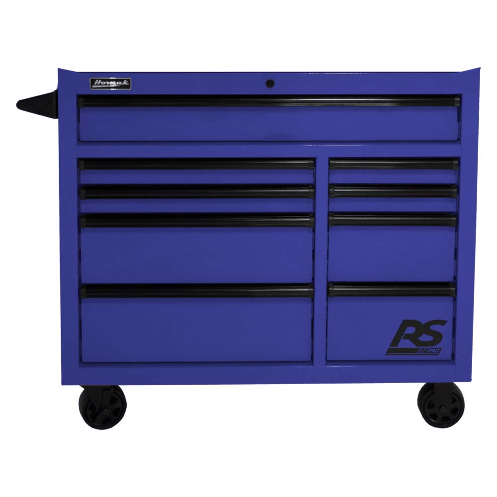 Blue Homak 41 RS Pro Roller Cabinet With Multiple Drawers And Black Handles, Featuring The RS Logo On The Front