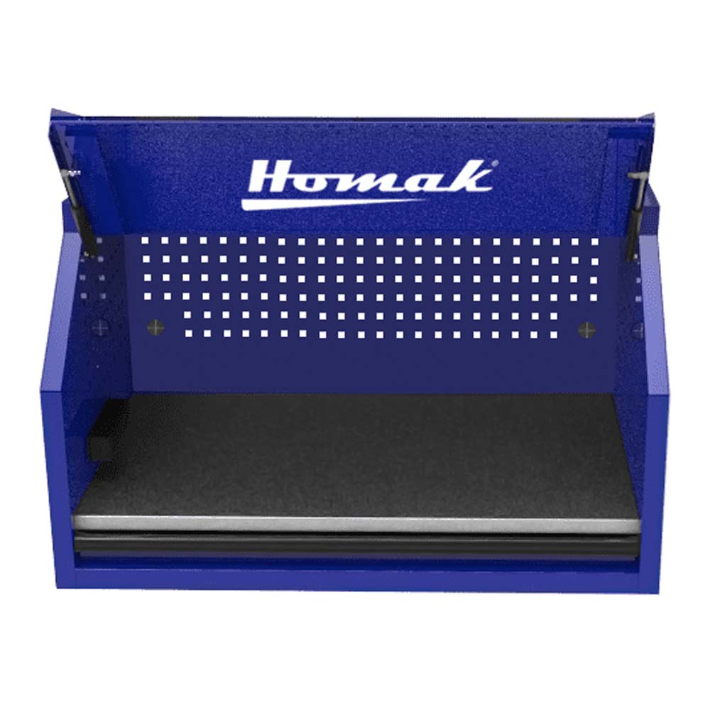 Blue Homak 41 RS Pro Top Hutch Featuring An Open Lid And A Perforated Back Panel