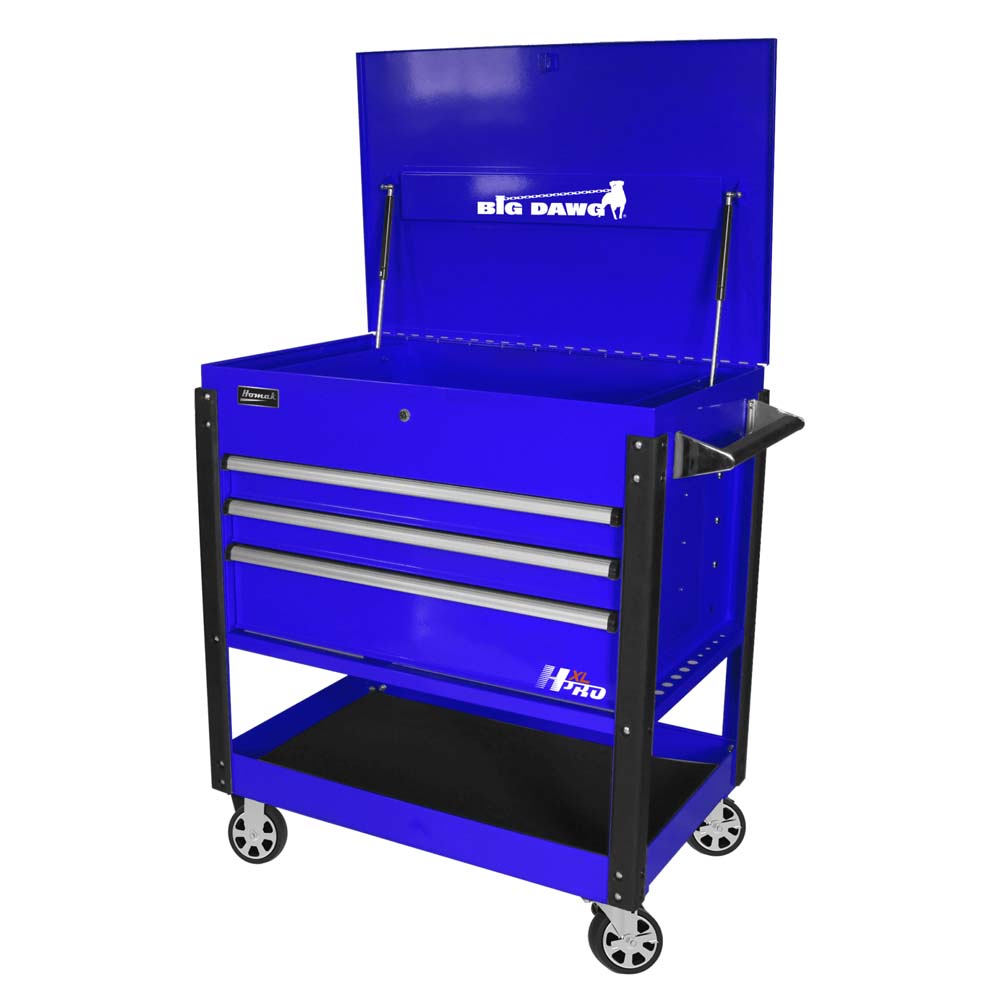 Blue Homak 43 HXL Service Cart With Three Drawers And An Open Top Compartment