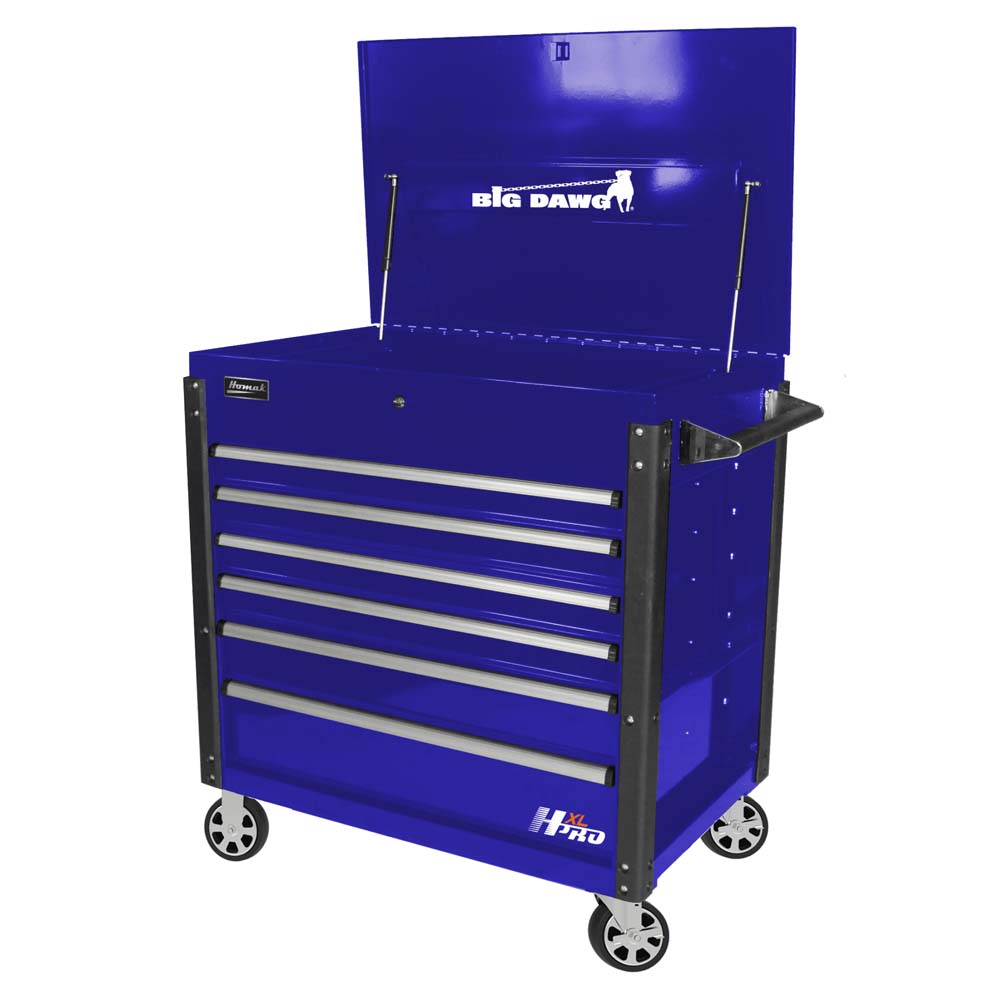 Blue Homak 43 Service Cart With Six Drawers Labeled Big Dawg And HXL Pro Featuring A Handle On The Side And Caster Wheels For Mobility