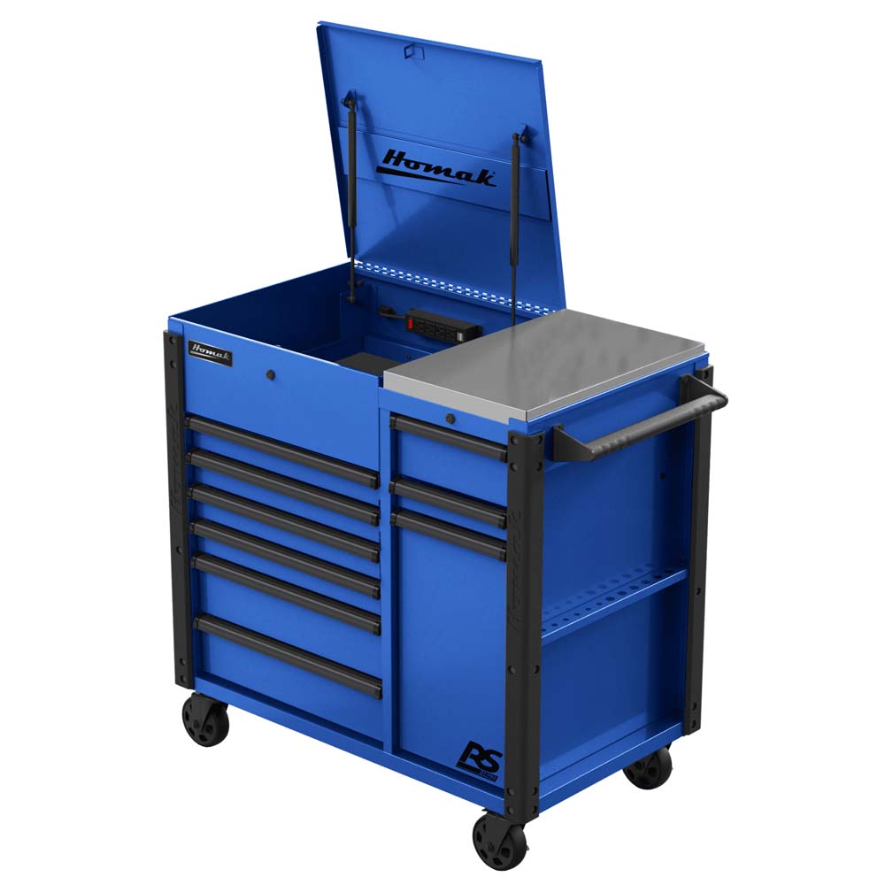 Blue Homak 44 Power Service Cart, A Side Handle, And Wheels With The Top Lid Open, Revealing Additional Storage Space
