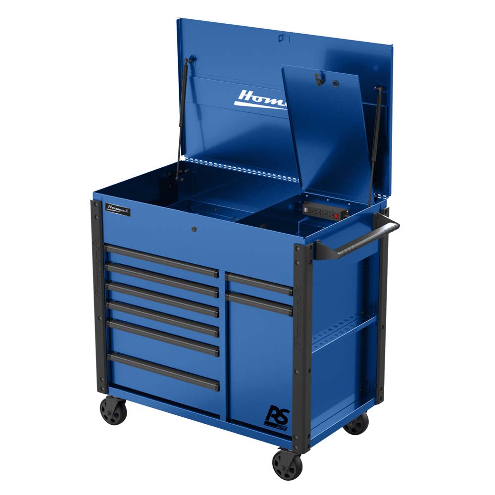 Blue Homak 44 RS Pro 9-Drawer Power Service Cart, And An Open Top Compartment, A Side Handle, And Caster Wheels