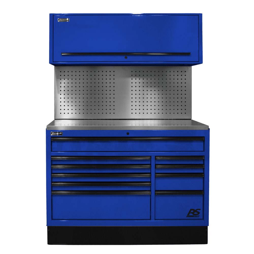 Blue Homak 54 CTS Cabinet With A Single Upper Storage Cabinet And A Perforated Metal Back Panel