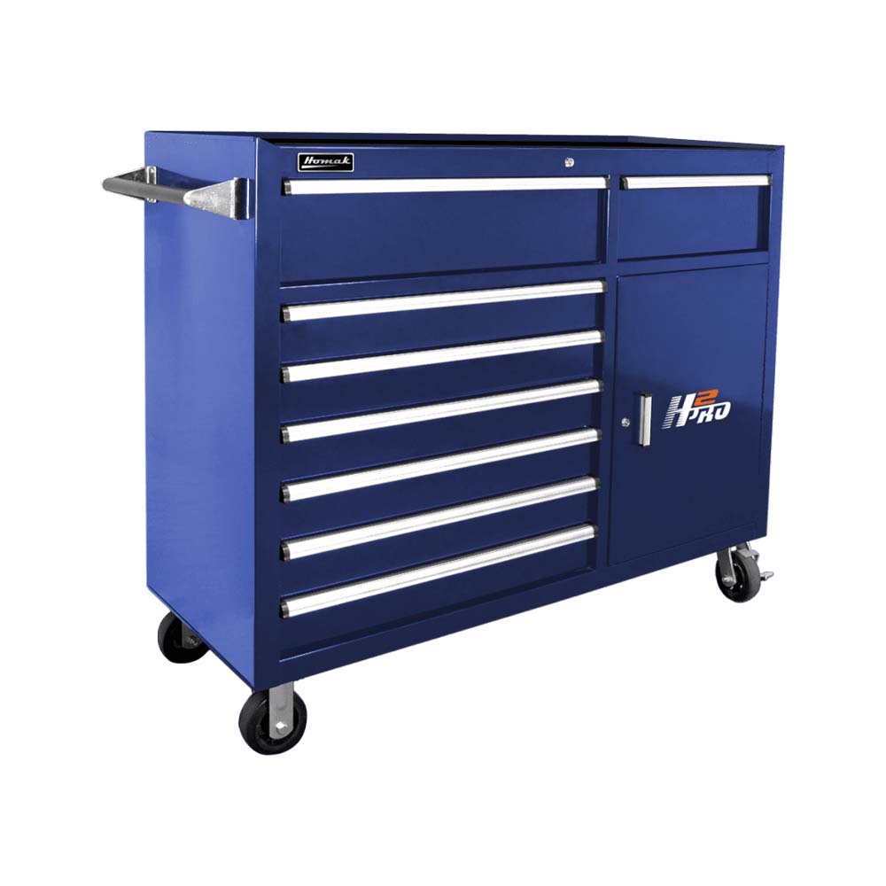 Blue Homak 56 H2Pro Roller Cabinet With Multiple Drawers And A Side Cabinet Mounted On Wheels For Mobility And Featuring A Handle On The Left Side