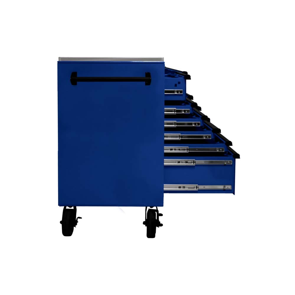 Blue Homak 72 16-Drawer Roller Cabinet Partially Open, Featuring A Handle On The Side, And Caster Wheels