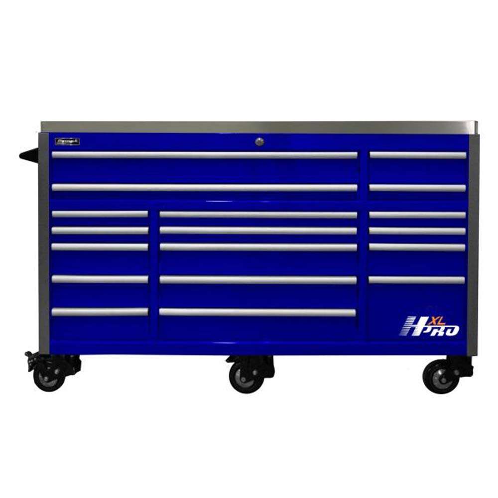 Blue Homak 72 Big Dawg HXL Roller Cabinet With Multiple Drawers, A Stainless Steel Top, And Four Casters Wheels For Mobility