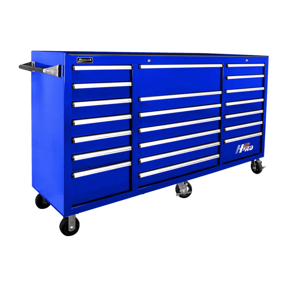 Blue Homak 72 H2Pro 21-Drawer Roller Cabinet Featuring A Handle On The Left Side