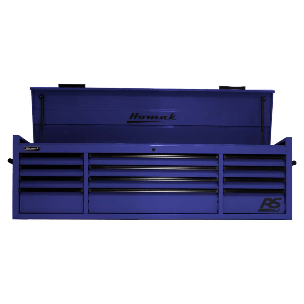 Blue Homak 72 RS Pro Top Chest Featuring Several Drawers And An Open Top Compartment