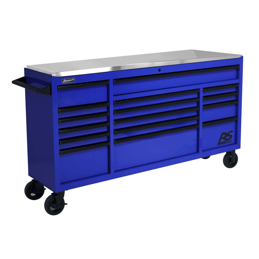 Blue Homak 72 Roller Cabinet With Numerous Drawers, A Stainless Steel Worktop Surface, And Caster Wheels