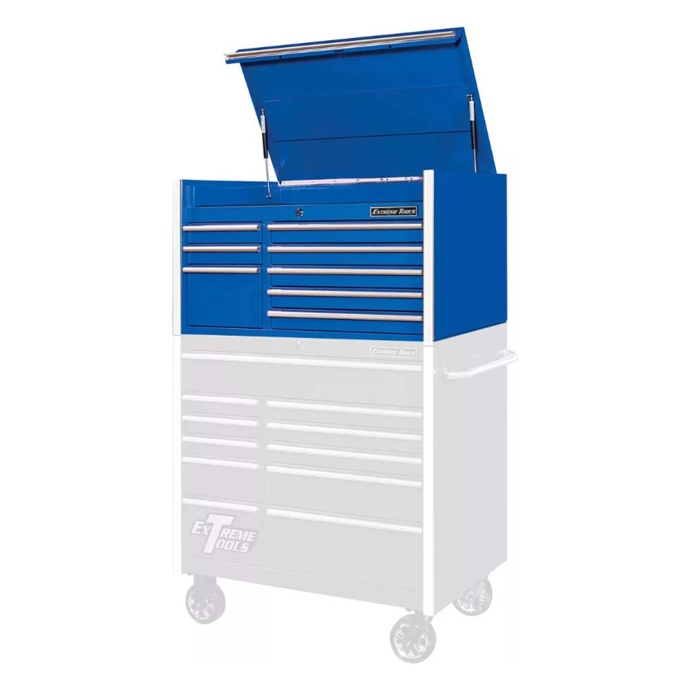 Blue Metal Extreme Tools 41 RX Series 8 Drawer Top Chest With The Top Lid Open And Multiple Drawers Positioned On Top Of A Partially Visible Larger Tool Chest