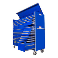 Blue Metal Extreme Tools 72 RX Series Top Chest With Multiple Drawers Open And The Top Lid Raised Set On Caster Wheels For Mobility