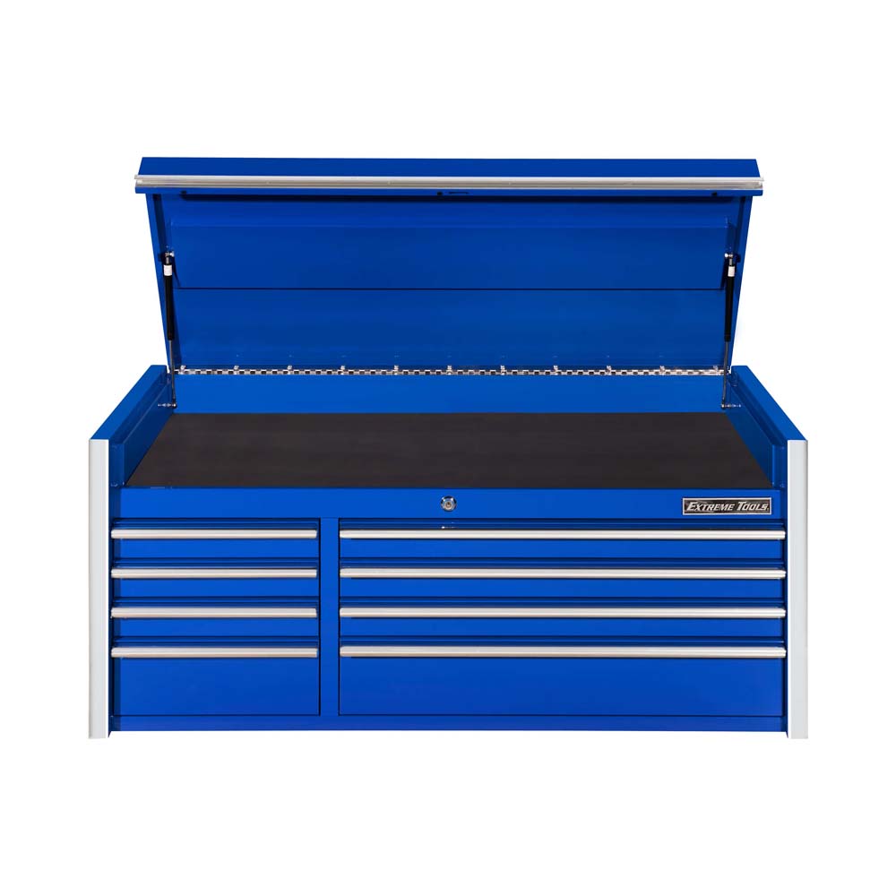 Blue Metal Extreme Tools Table Top Tool Chest With Its Top Lid Open, Revealing An Upper Storage Compartment And Multiple Drawers Below