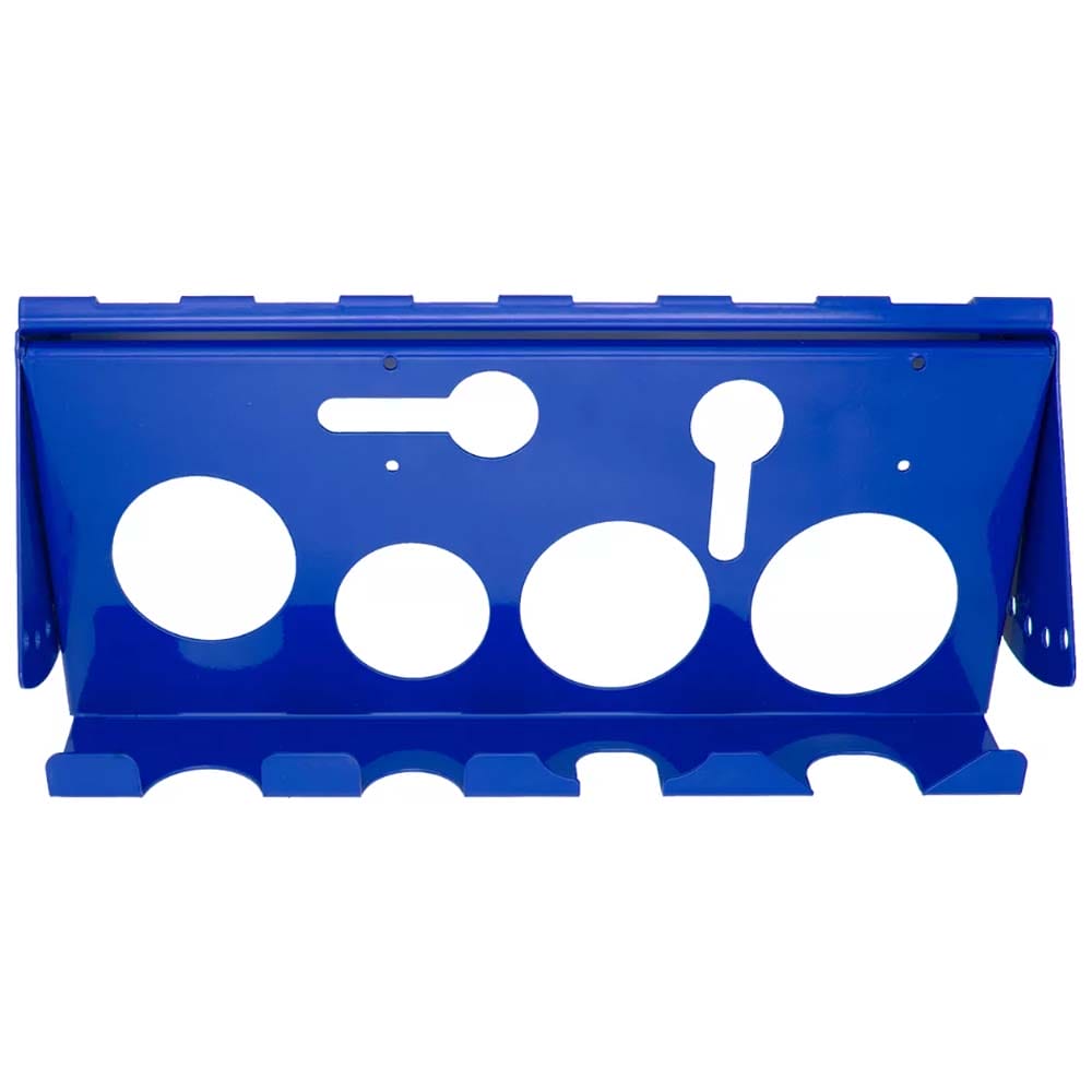 Blue Metal Tool Holder With Multiple Circular And Keyhole Shaped Cutouts