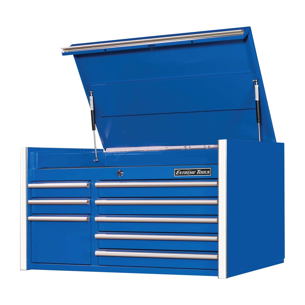 Blue Metal Tool Top Chest By Extreme Tools With The Top Lid Open, Revealing An Upper Storage Compartment And Multiple Drawers Below