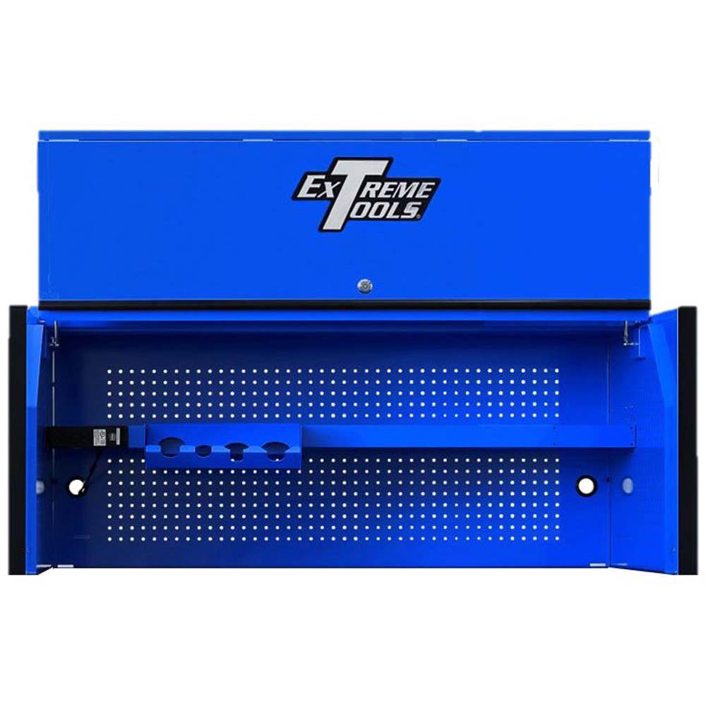 Blue Roll Cab Hutch By Extreme Tools With The Lid Open Revealing A Perforated Back Panel And Adjustable Shelf And A Tool Holder Inside