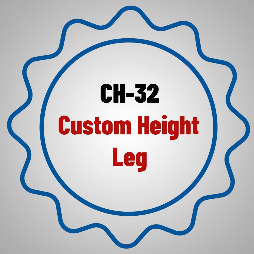 Blue Scalloped Badge Containing The Text CH 32 Custom Height Leg In Red
