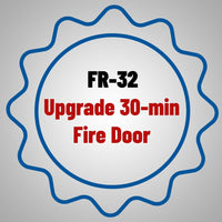Blue Serrated Badge Design With The Text FR 32 Upgrade 30 Min Fire Door In Red