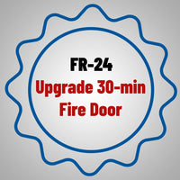 Blue Serrated Badge Featuring The Text FR 24 Upgrade 30 Min Fire Door In Red