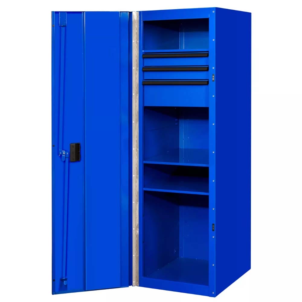 Blue Side Cab Tool Box By Extreme Tools With Its Door Open, Revealing Three Drawers With Black Handles On The Left Side And Three Shelves On The Right Side