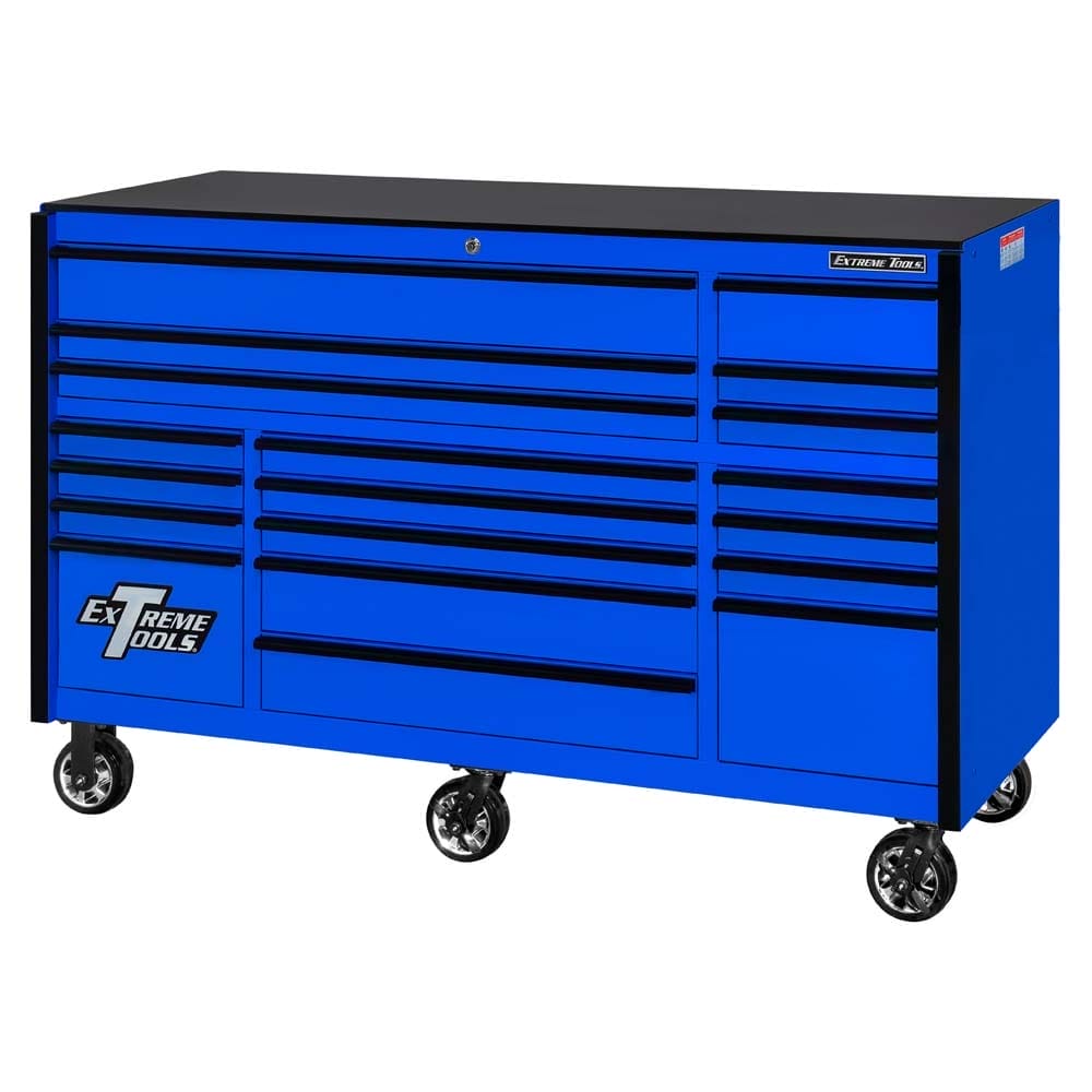 Blue Tool Chest From Extreme Tools RX Series With Black Drawer Handles And Accents With Multiple Drawers And A Side Handle