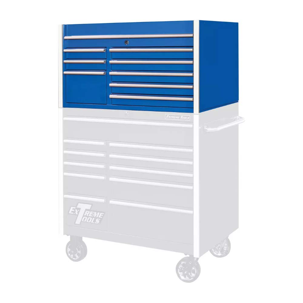 Blue Tool Chest Top By Extreme Tools With Multiple Drawers Positioned On Top Of A Larger Partially Visible Tool Chest With Wheels
