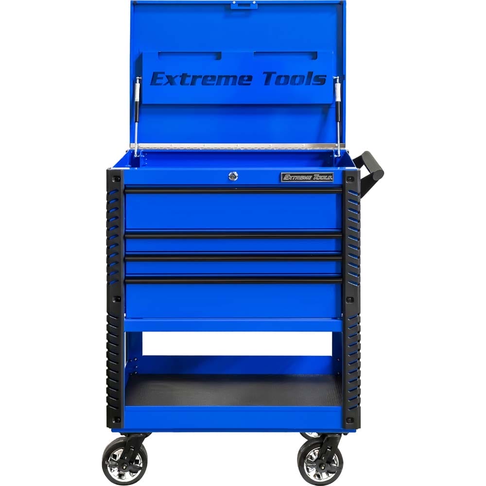 Blue Tool Chest Trolley By Extreme Tools With An Open Lid, Revealing Three Drawers And A Lower Shelf All Mounted On Casters