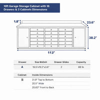 Blueprint Diagram Showing 10ft Garage Storage Cabinet Dimensions With 18 Drawers And 2 Side Cabinets