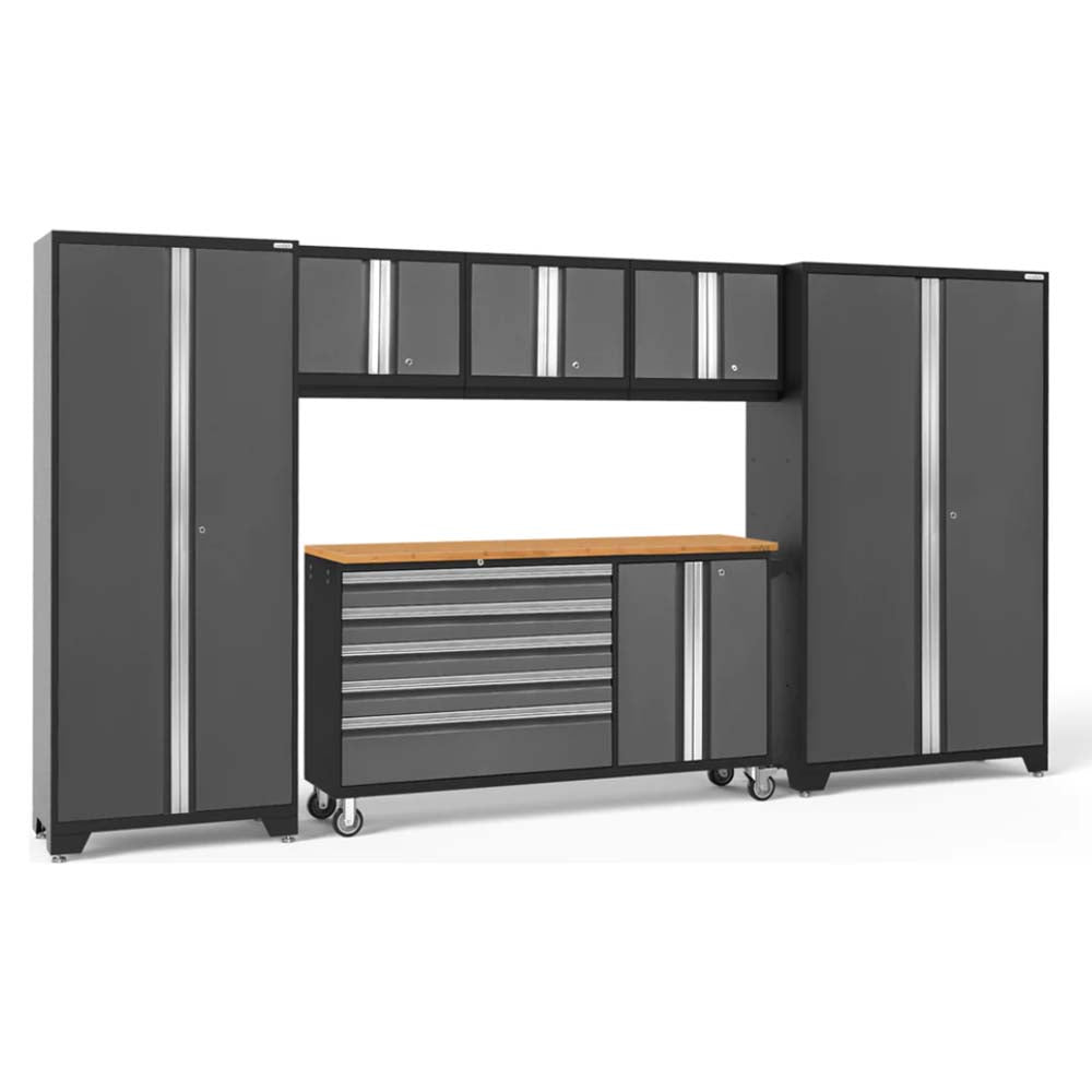 Bold 3.0 Series 6 Piece Garage Cabinet Set Project Center Featuring Two Tall Cabinets Four Overhead Cabinets And A Rolling Tool Chest