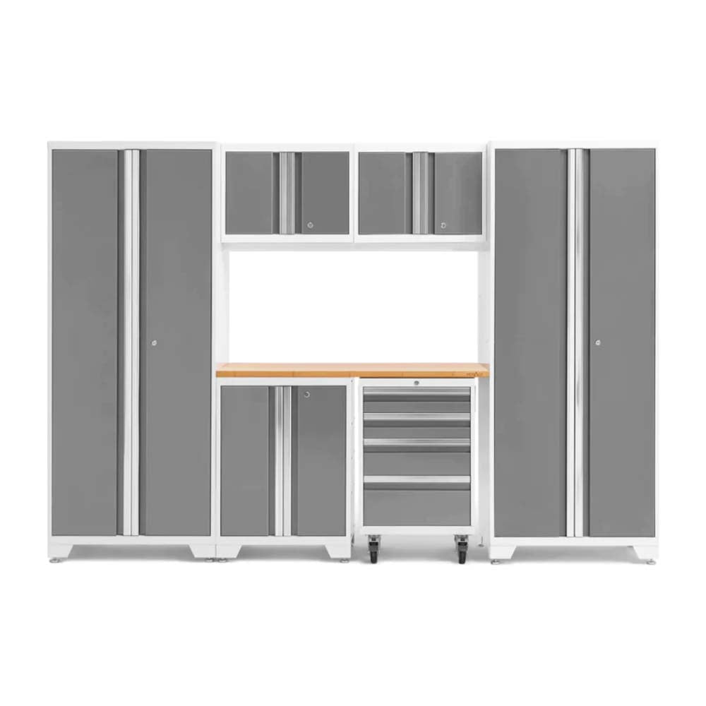 Bold 3.0 Series 7 Piece Garage Cabinet Set Featuring Two Tall Cabinets On Either Side And Two Smaller Cabinets Mounted Above A Wooden Workbench