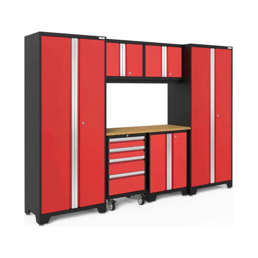 Bold 3.0 Series 7 Piece Garage Cabinet Set With A Combination Of Tall Cabinets, Upper Wall Mounted Cabinets, A Workbench, And A Rolling Tool Chest