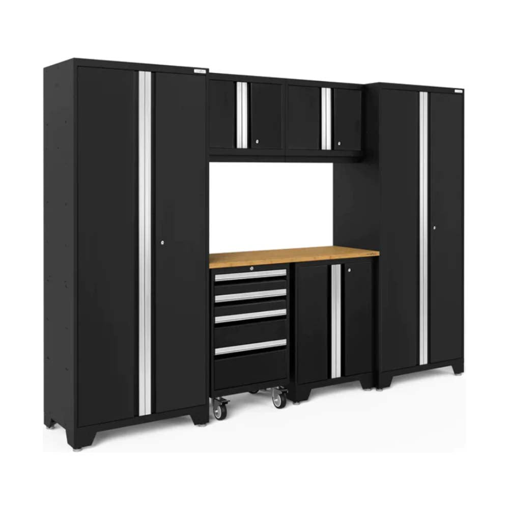 Bold 3.0 Series Garage Cabinet Set 7 Piece In Black With Silver Accents Featuring Two Tall Cabinets On Either Side