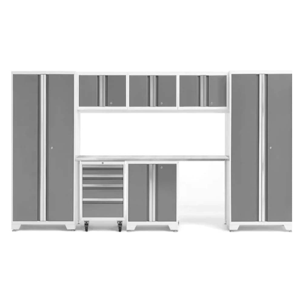 Bold 8 Piece Cabinet Set By NewAge Featuring Two Tall Cabinets, A Workbench With Drawers, And Cabinets Below