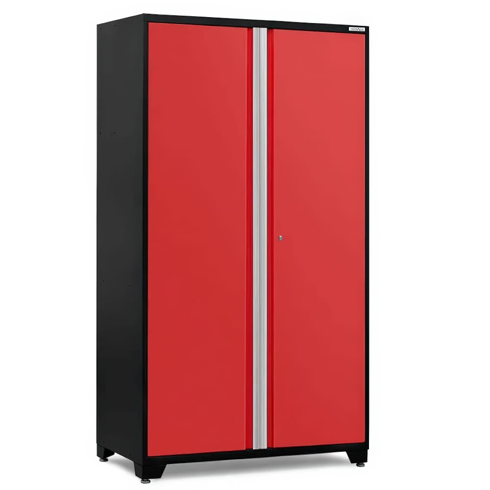 Bold Red And Black Garage Cabinet With Dual Silver Handles Lockable Doors