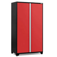 Bold Red And Black Garage Cabinet With Dual Silver Handles Lockable Doors