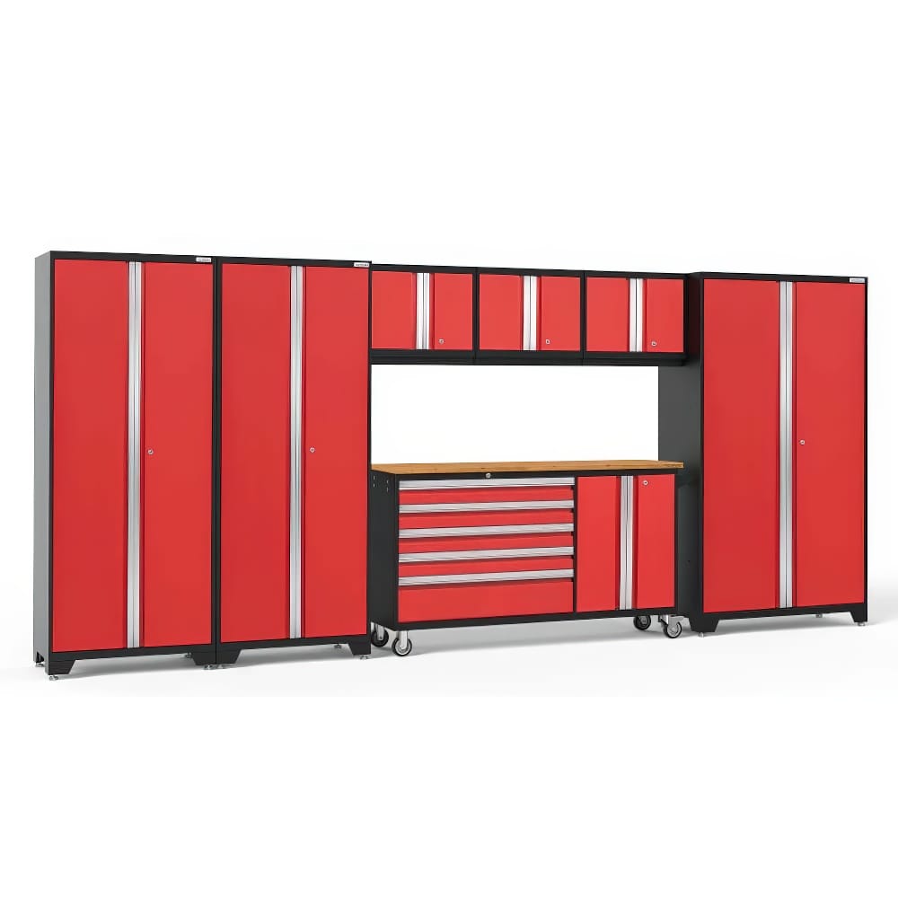 Bold Red Garage Cabinet System Is Shown With Tall Lockers Upper Wall Cabinets And A Rolling Workbench With Drawers And A Wood Countertop