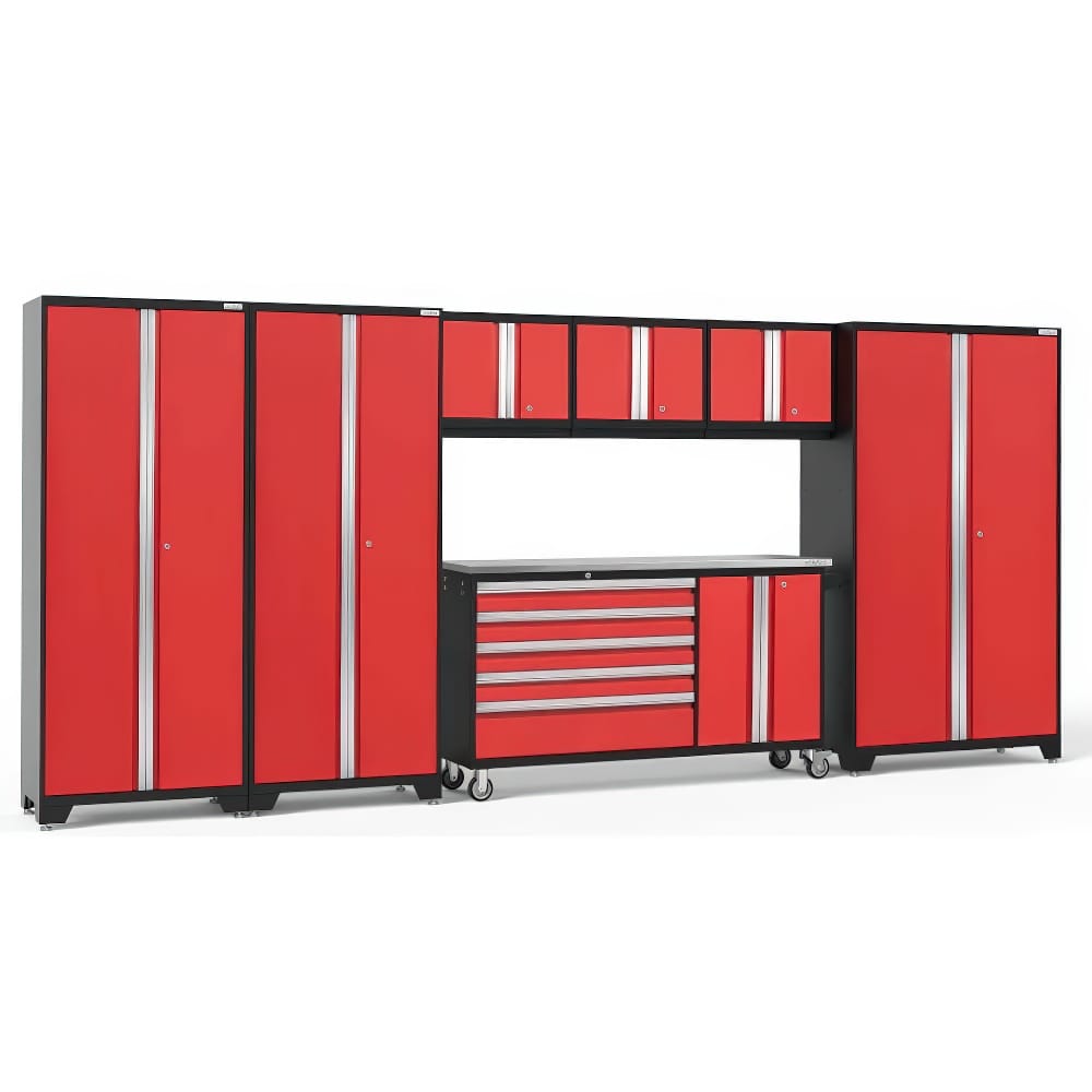 Bold Red Garage Storage System Features Tall Cabinets Upper Wall Mounted Compartments And A Central Mobile Workstation