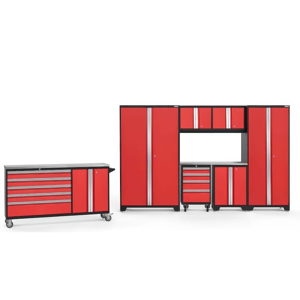 Bold Red Modular Garage Cabinet System With Tall Lockers Overhead Storage Drawer Units And A Mobile Workbench On Caster Wheels