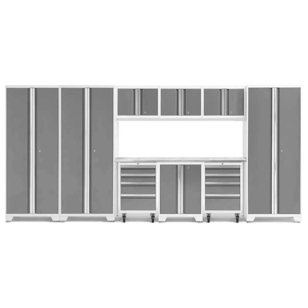 Bold Series 10 Piece Cabinet Set By NewAge Featuring Multiple Tall Cabinets, Overhead Cabinets, And Rolling Drawer Units