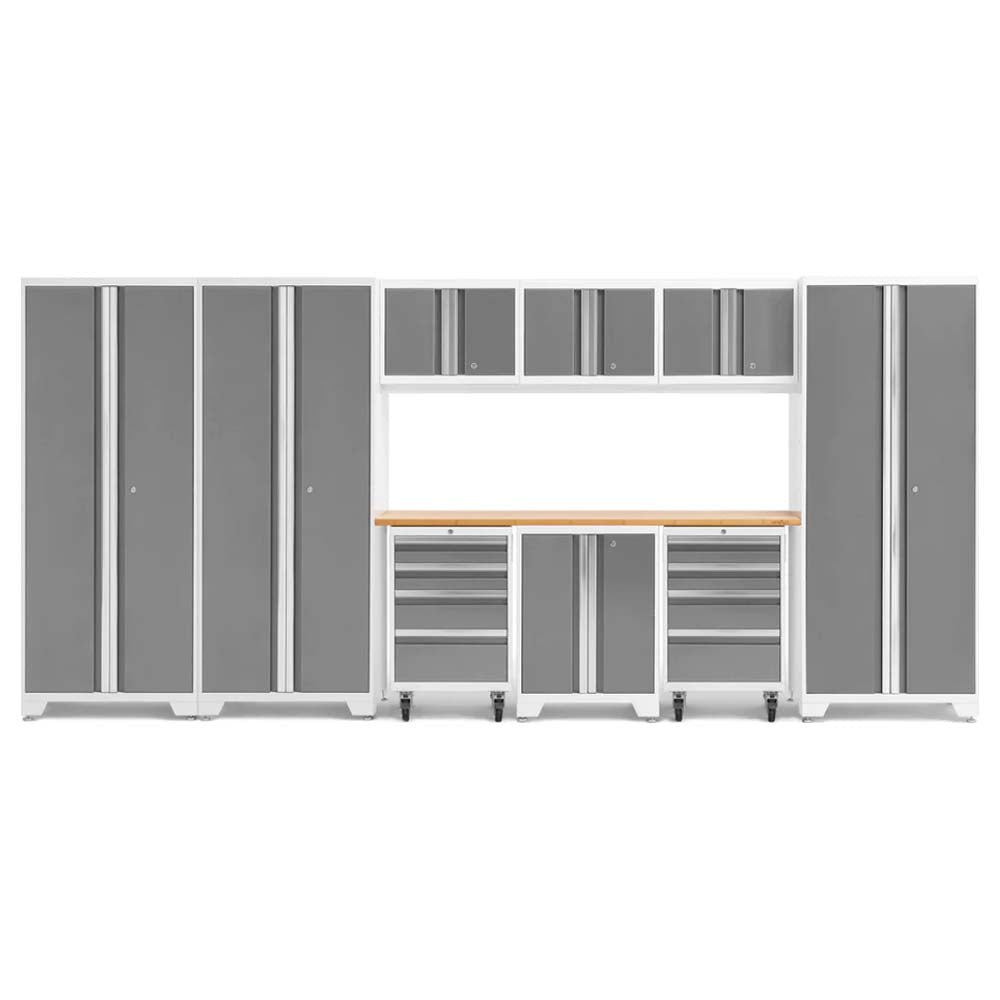 Bold Series 10 Piece Cabinet Set By NewAge Featuring Multiple Tall Cabinets, Upper Cabinets Drawers, And A Central Workbench With A Wooden Top