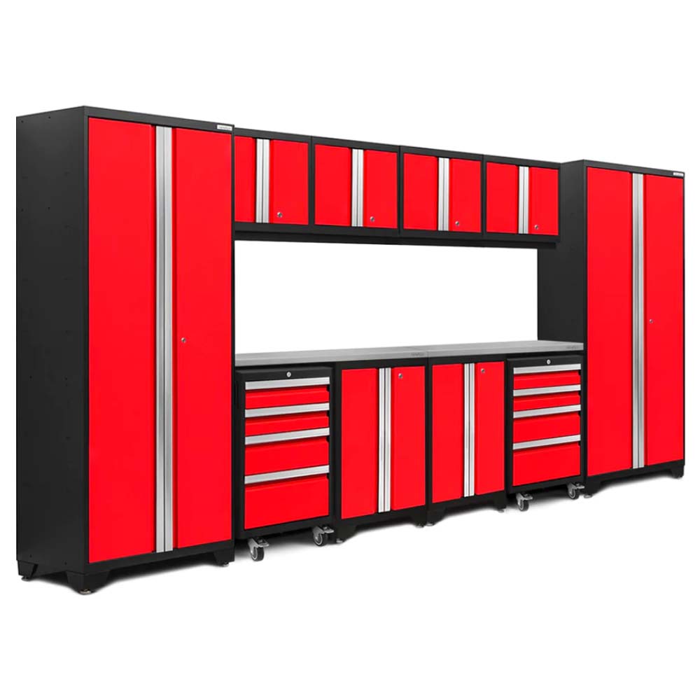 Bold Series 12 Piece Cabinet Set With 2X Lockers By NewAge Featuring A Combination Of Tall Cabinets Overhead Cabinets And Drawer Units    	