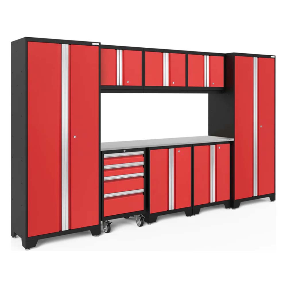 Bold Series 9 Piece Garage Cabinet Set By NewAge Featuring A Combination Of Tall Cabinets, Overhead Cabinets, And A Workbench With Drawers