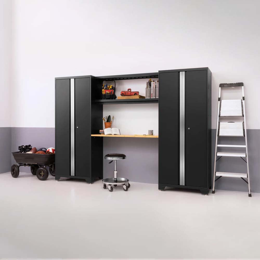Bold Series 9 Piece Garage Cabinet Set By NewAge Featuring Two Black Storage Cabinets With Silver Handles