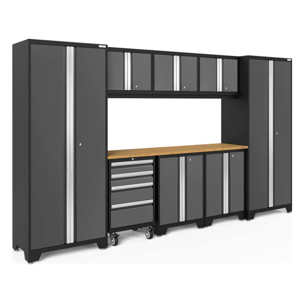 Bold Series 9 Piece Garage Cabinet Set By NewAge With Two Tall Cabinets On Either Side