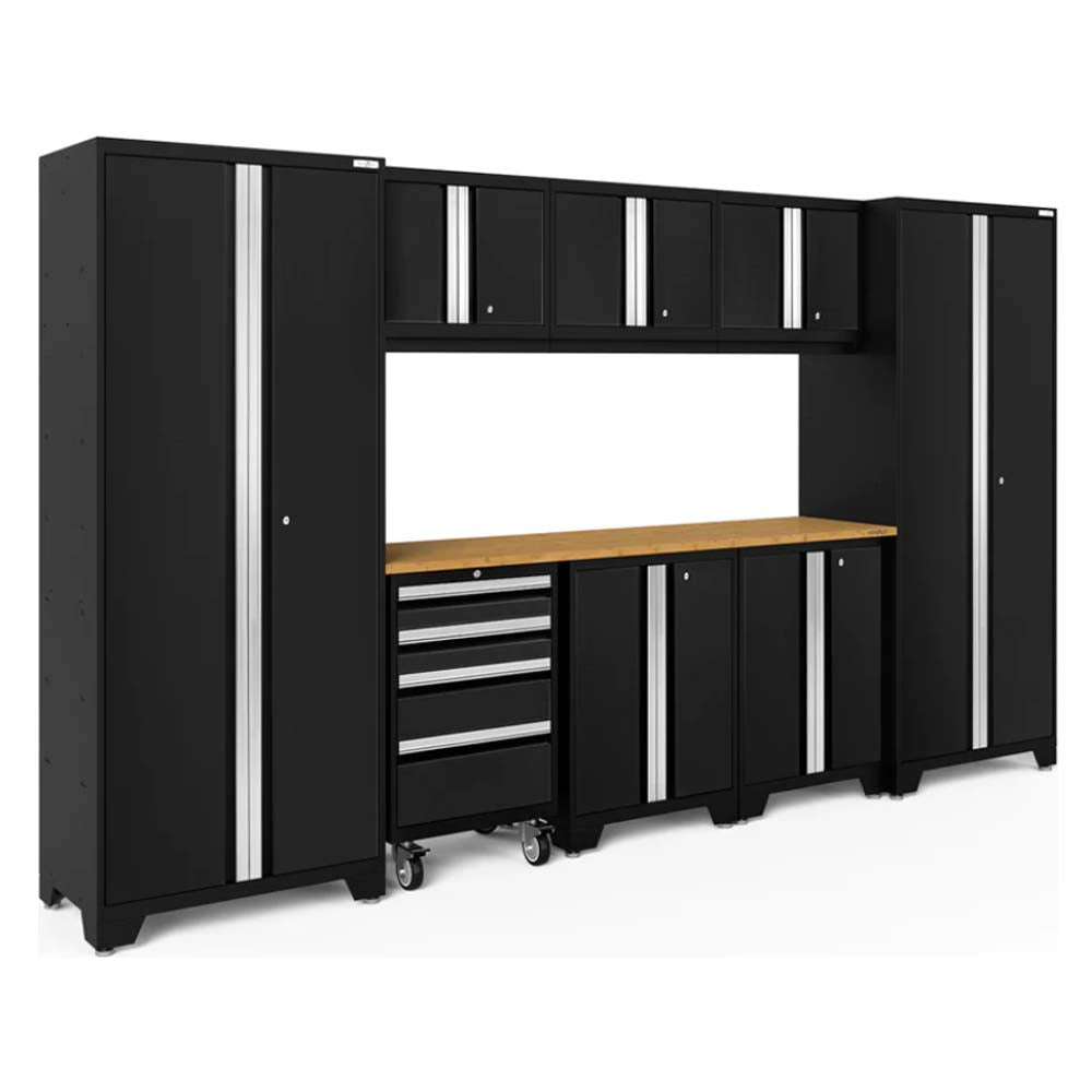 Bold Series 9 Piece Garage Cabinet Set Featuring A Combination Of Tall Cabinets In A Sleek Black Finish With Silver Accents