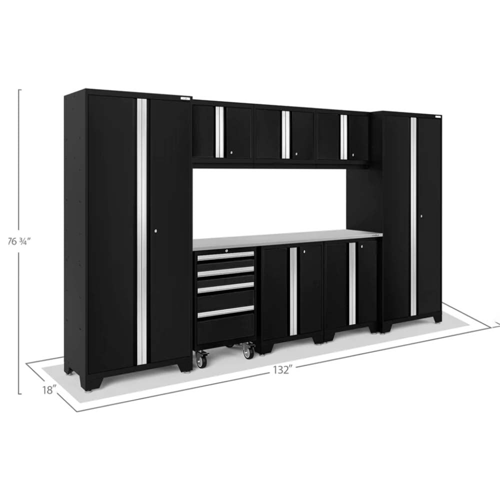 Bold Series 9 Piece Garage Cabinet Set With Nine Black Cabinets With Silver Accents