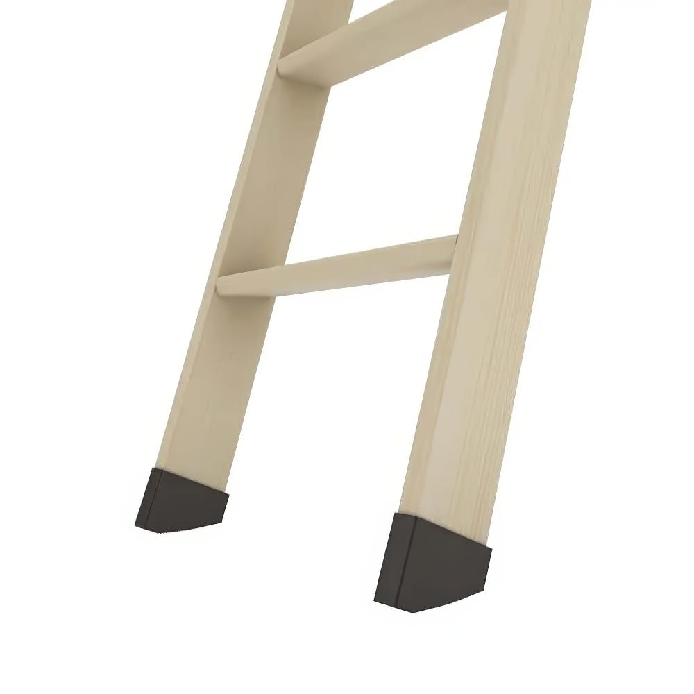 Bottom Portion Of A Wooden Ladder With Rectangular Rungs And Black Non-Slip Protective Feet